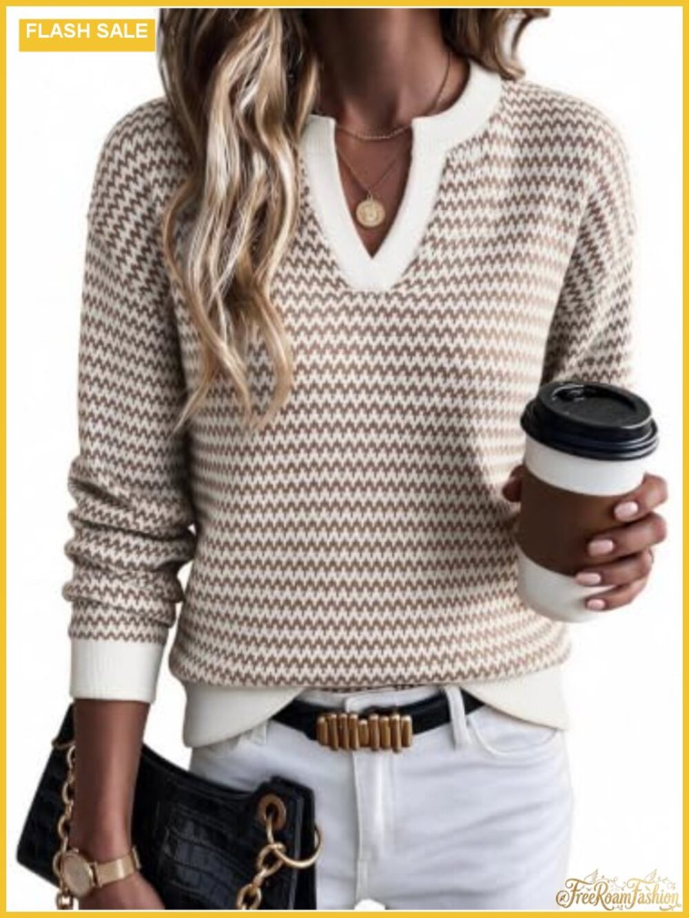 100% Cotton Striped Polo V-Neck Long Sleeve Sweater Pullover